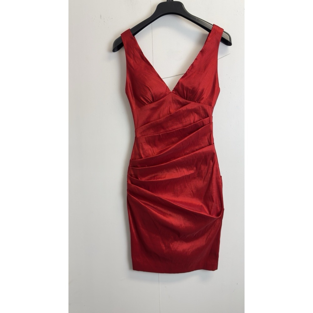 Vintage 90's CACHE Ruched Redโ Stretch Satin Sleevless Deep V Neck Dress Size 2
